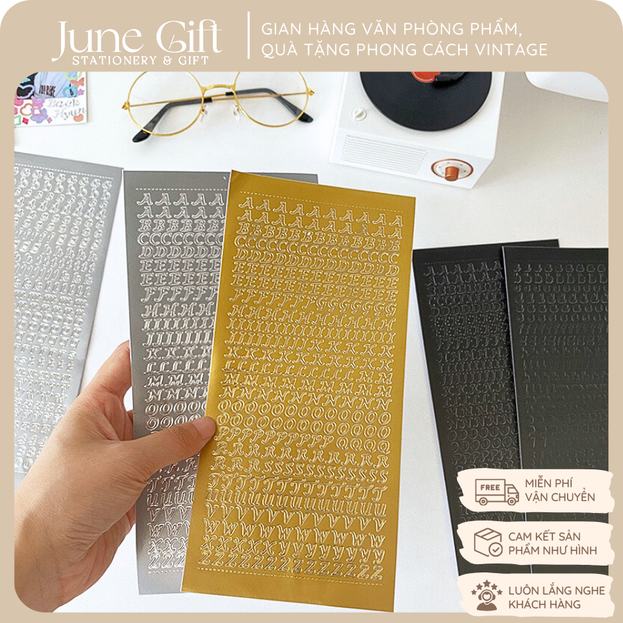 Sticker chữ cái màu trắng/gold/silver decor, trang trí sổ, bưu thiếp ...
