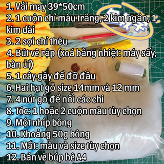 ĐỌC KỸ LƯU Ý - Set nguyên liệu làm búp bê vải tóc len 30cm - Set kit tự may doll vải handmade 30cm