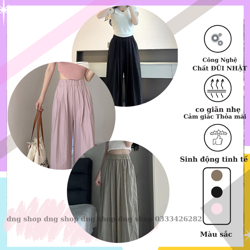 Quần Suông Ống Rộng Nữ Đẹp Lưng Cạp Cao VẢi Đũi,Quần Đứng Chất Đũi Mát lưng chun dây Rút xếp Ly Hàn Quốc Đen- DNG