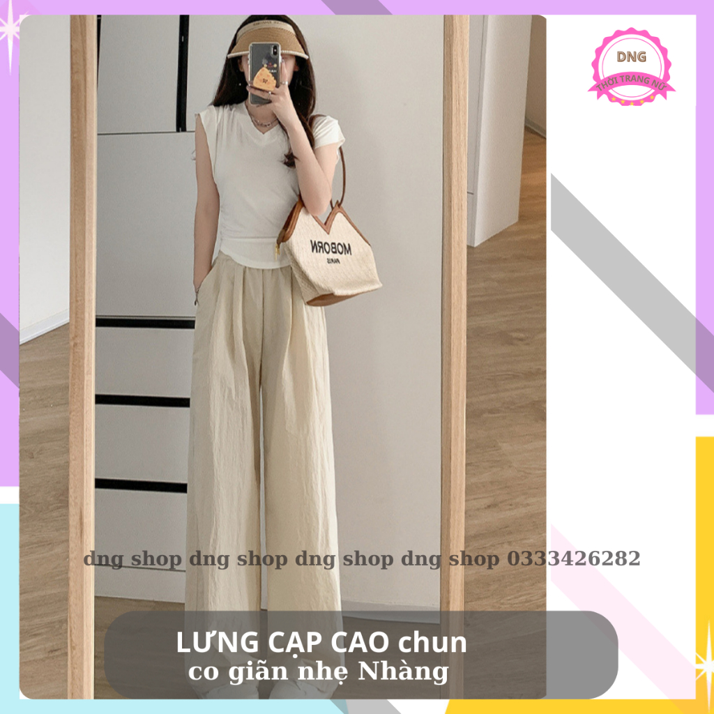 Quần Suông Ống Rộng Nữ Đẹp Lưng Cạp Cao VẢi Đũi,Quần Đứng Chất Đũi Mát lưng chun dây Rút xếp Ly Hàn Quốc Đen- DNG