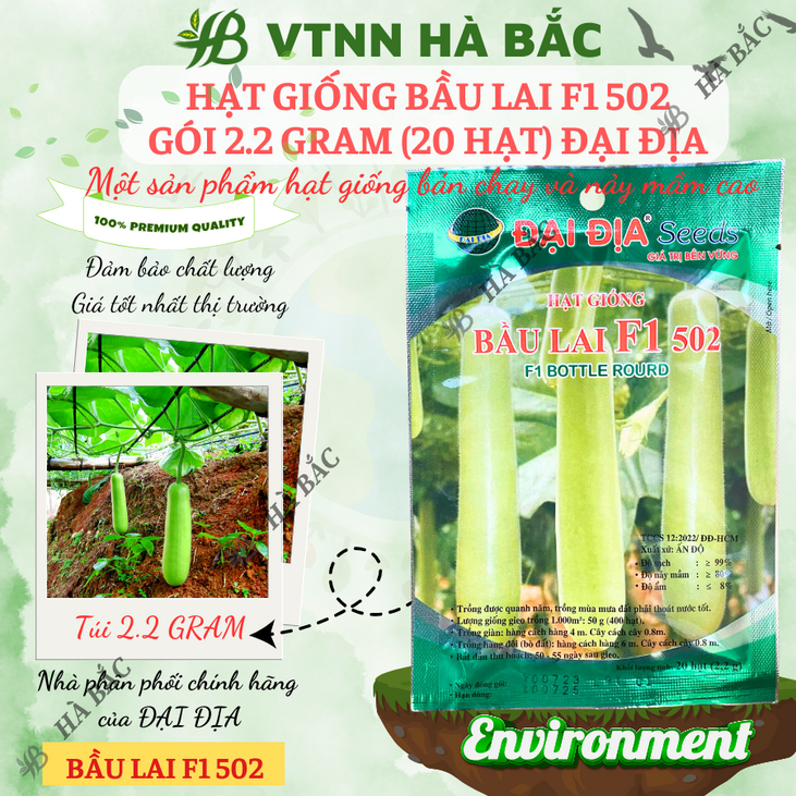 Hạt Giống Bầu Lai Trái Dài F1 502 Gói 2.2 Gram (20 Hạt) Đại Địa, Hạt Giống Nảy Mầm Tốt, Năng Suất Cao, Trông Quanh Năm