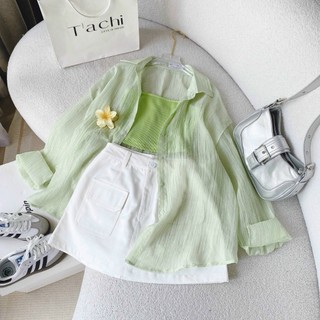 Set váy kaki có lót , áo thun gân áo khoác tơ gân thời trang nữ áo lót 2 dây quần dài phối túi hộp kèm khoác dài tay