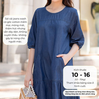 SWANLAKE | Váy Đầm Denim Jean Wash Mềm Suông Đuôi Cá Xòe Cổ Tròn Tay Phồng Có Túi Công Sở - D11295