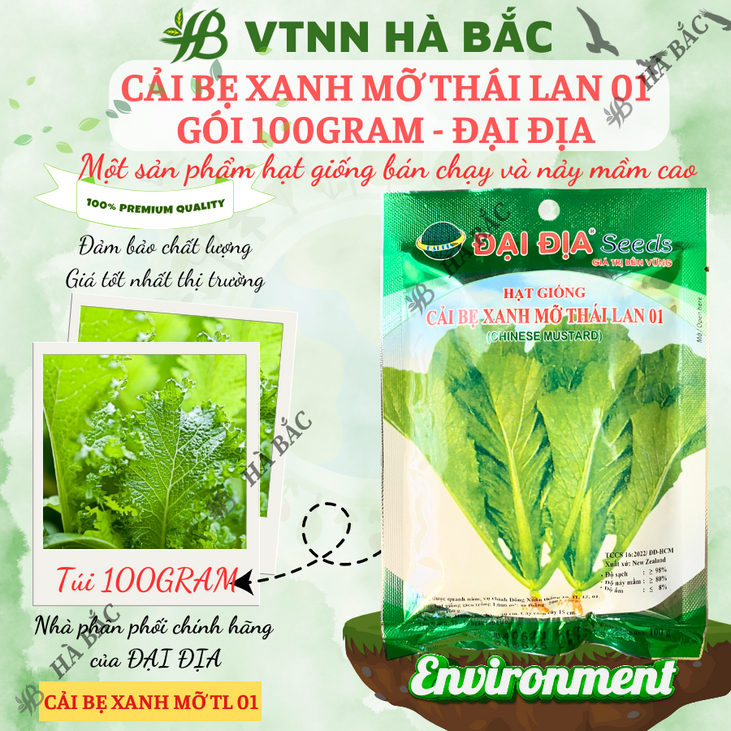 Cải bẹ xanh mỡ thái lan 01 GÓI 20GRAM/100GRAM - ĐẠI ĐỊA, Hạt Giống Nảy Mầm Tốt, Năng Suất Cao, Trông Quanh Năm