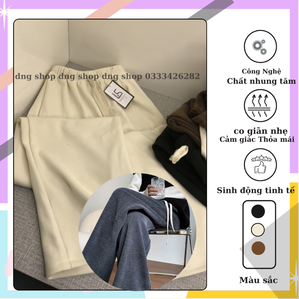 QUẦN Suông ỐNG RỘNG NỮ ĐẸP Lưng CẠP CAO Nỉ Nhung tăm,QUầN Dài Ống đứng Lưng Chun Dây RÚt CAO CẤP màu Đen MÀU-DNG
