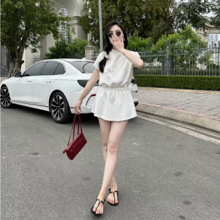 Bộ quần áo tay hến đính nơ nhún eo kèm quần sooc MS33