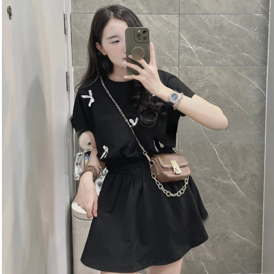 Bộ quần áo tay hến đính nơ nhún eo kèm quần sooc MS33