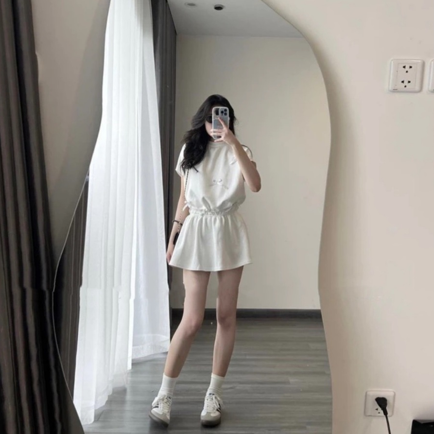 Bộ quần áo tay hến đính nơ nhún eo kèm quần sooc MS33