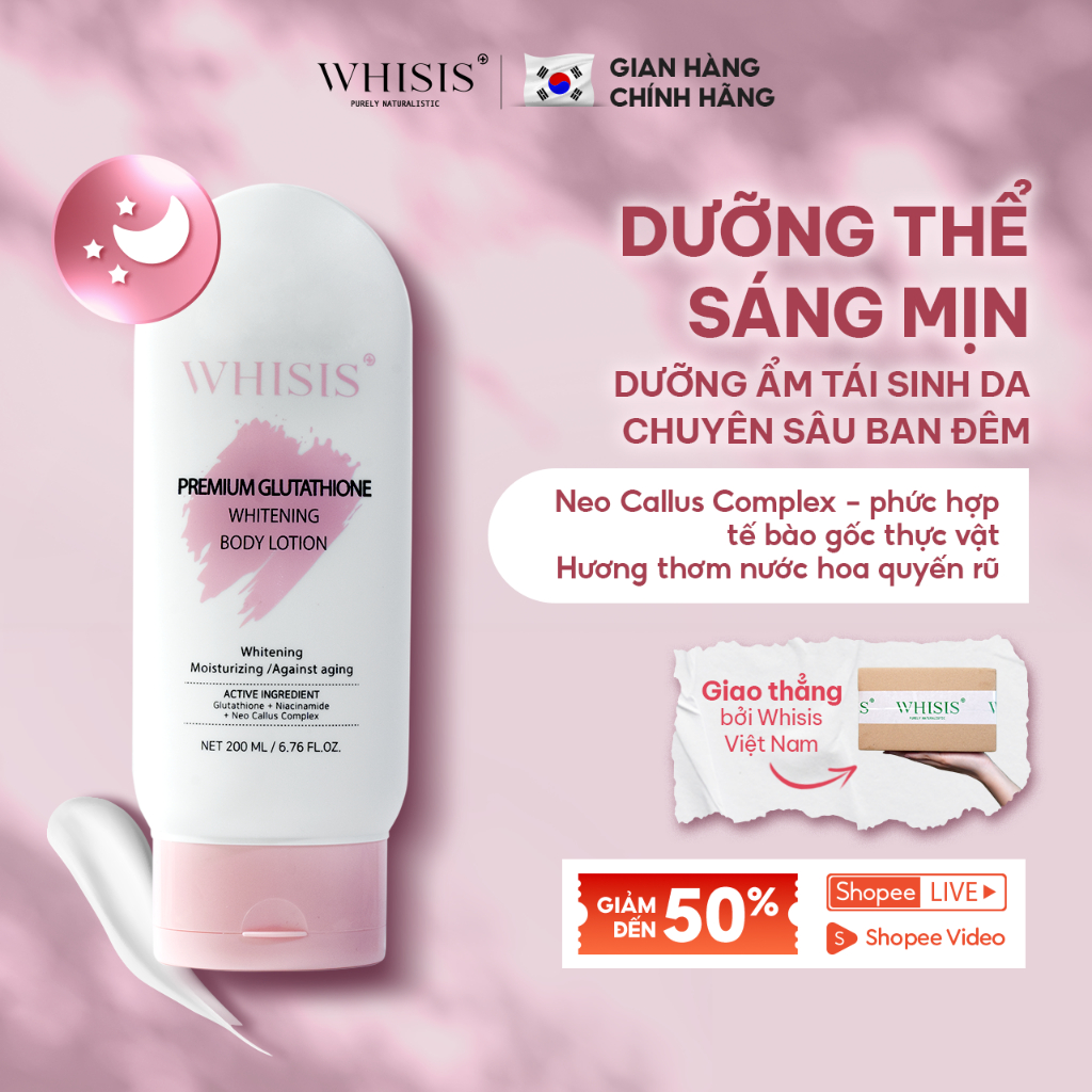 whisis premium glutathione whitening body lotion Dưỡng Thể Trắng Da Ban Đêm Whisis Premium Glutathione Whitening Body Lotion  200ml