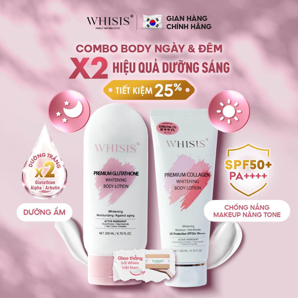 whisis premium glutathione whitening body lotion Combo Dưỡng Thể Ngày&Đêm X2 Dưỡng Da Sáng Hồng Body Whisis Premium Collagen  + Glutathione Whitening Body Lotion 200ml