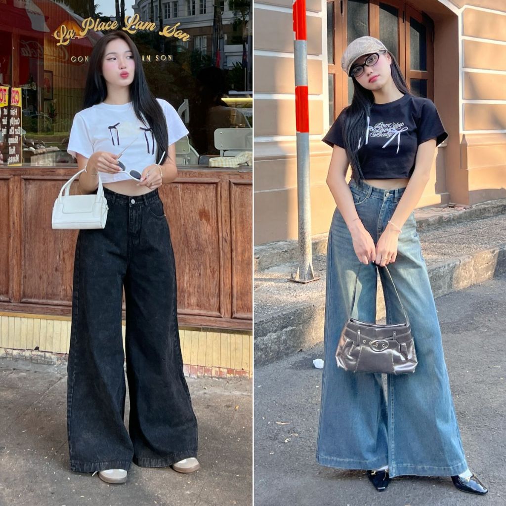 Quần jeans nữ NICOOL, quần bò nữ dáng suông dài ống loe rộng lưng cao tôn dáng N41-Q48