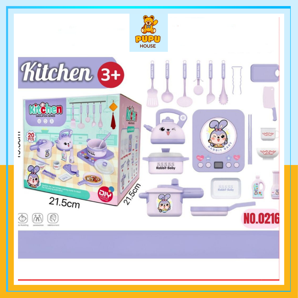 Bộ Đồ Chơi Nấu Ăn Đồ Chơi Nhà Bếp Nấu Ăn Thỏ Tím 20 Chi Tiết Kèm Bếp Bếp Từ Dùng Pin Màu Tím Cực Xinh  - PUPU HOUSE