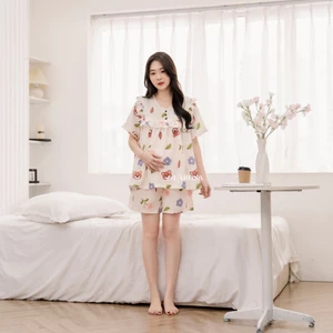Bộ Đồ Bầu Cổ Viền Mùa Hè Larosa Mặc Nhà Và Sau Sinh Vải Đũi Xốp Cao Cấp - LR020B