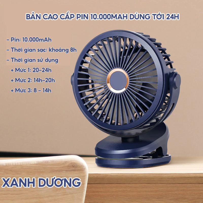 Quạt tích điện mini để bàn - Quạt kẹp bàn xoay 360 (Kèm dây)