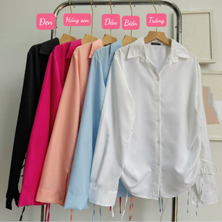 Áo sơ mi tay dài rút dây Bigsize  nữ, Áo sơ mi form rộng big size chất vải lụa chéo mặc mát mẻ AT4