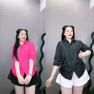 Áo sơ mi tay dài rút dây Bigsize  nữ, Áo sơ mi form rộng big size chất vải lụa chéo mặc mát mẻ AT4