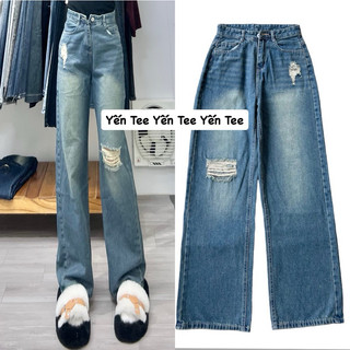 Quần jeans ống xuông rêu nhạt xước 1 gối Yến Tee Shop #0681