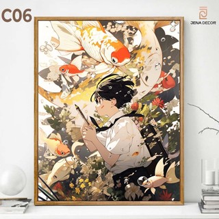 Tranh Anime Nhật Bản Cậu bé cùng cá chép sơn dầu tráng gương
