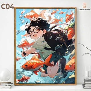 Tranh Anime Nhật Bản Cậu bé cùng cá chép sơn dầu tráng gương