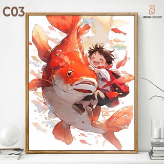 Tranh Anime Nhật Bản Cậu bé cùng cá chép sơn dầu tráng gương