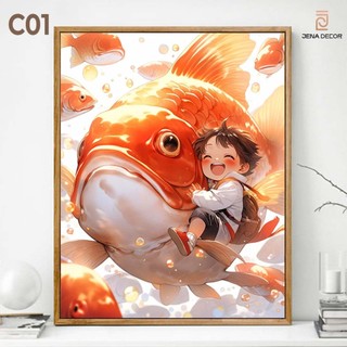 Tranh Anime Nhật Bản Cậu bé cùng cá chép sơn dầu tráng gương