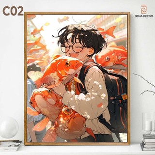 Tranh Anime Nhật Bản Cậu bé cùng cá chép sơn dầu tráng gương