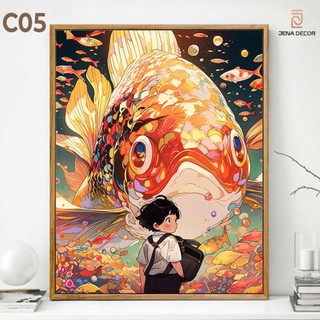 Tranh Anime Nhật Bản Cậu bé cùng cá chép sơn dầu tráng gương