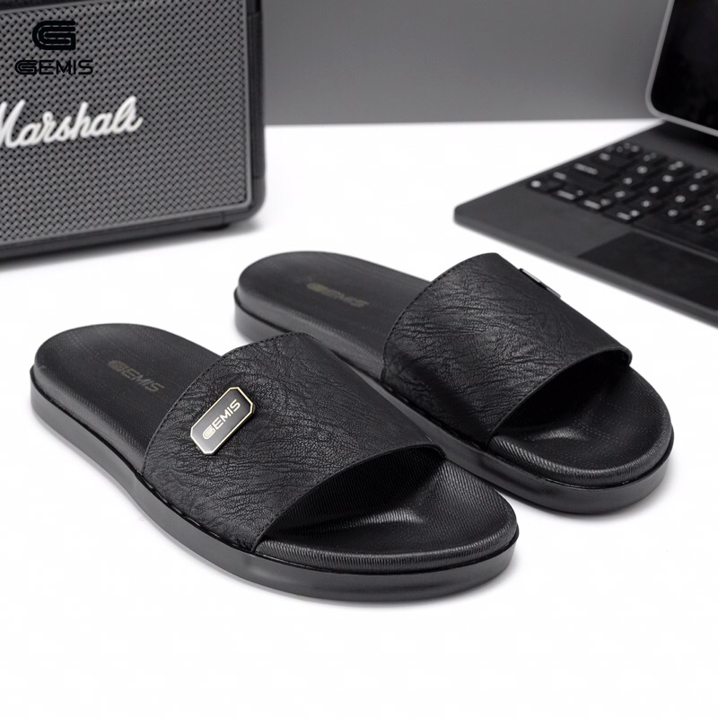 Ảnh DéP Nam GEMIS quai ngang dép da màu đen khâu quai cao 2.5cm Slipper Đế Bằng Cao Su 1