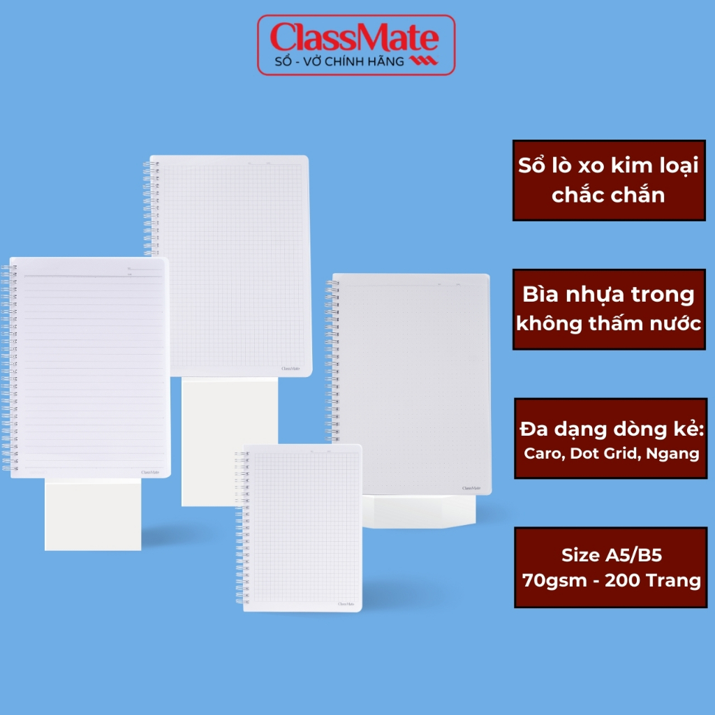 Sổ Tay Ghi Chép 200 Trang ClassMate Sổ Lò Xo Bìa Nhựa A5/B5, 70GSM, Dòng Kẻ Ngang/Caro/DotGrid Viết Nhật Ký, Bullet Jour