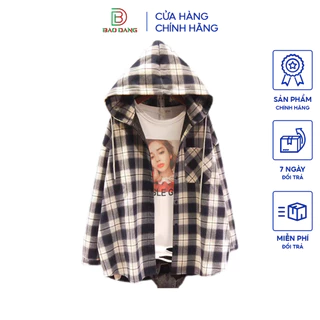 Áo khoác sơ mi có nón 2 lớp from rộng unisex sọc caro đi nắng cách nhiệt tốt mẫu 2024 Bảo Đăng.