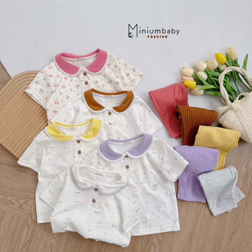 Set bộ cộc tay cổ sen bé gái Miniumbaby basic bé mặc đi chơi đi học, chất vải cotton mềm mát SB1858