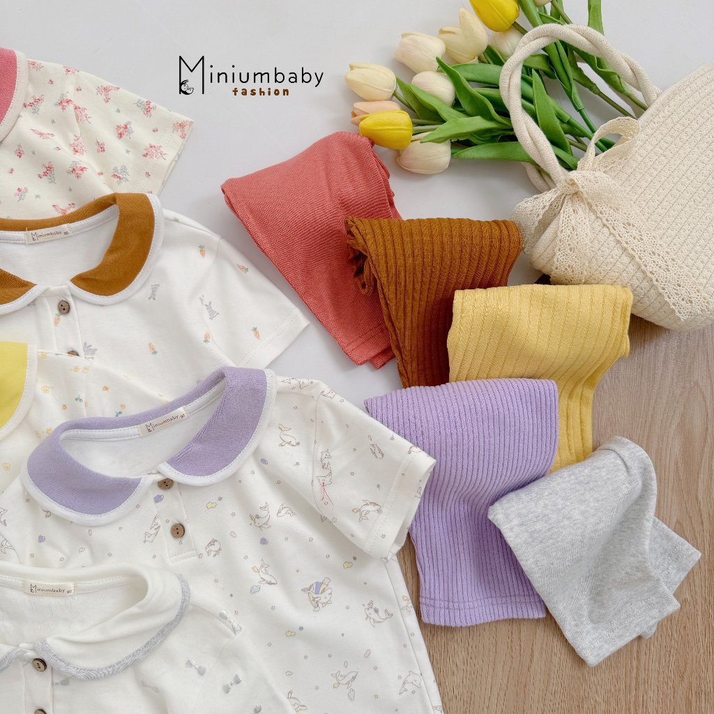 Set bộ cộc tay cổ sen bé gái Miniumbaby basic bé mặc đi chơi đi học, chất vải cotton mềm mát SB1858