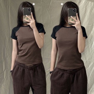 Áo ráp lăng tay ngắn phối tay màu đen, áo tay ngân dáng babytee -LYLYNA A46