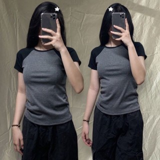 Áo ráp lăng tay ngắn phối tay màu đen, áo tay ngân dáng babytee -LYLYNA A46