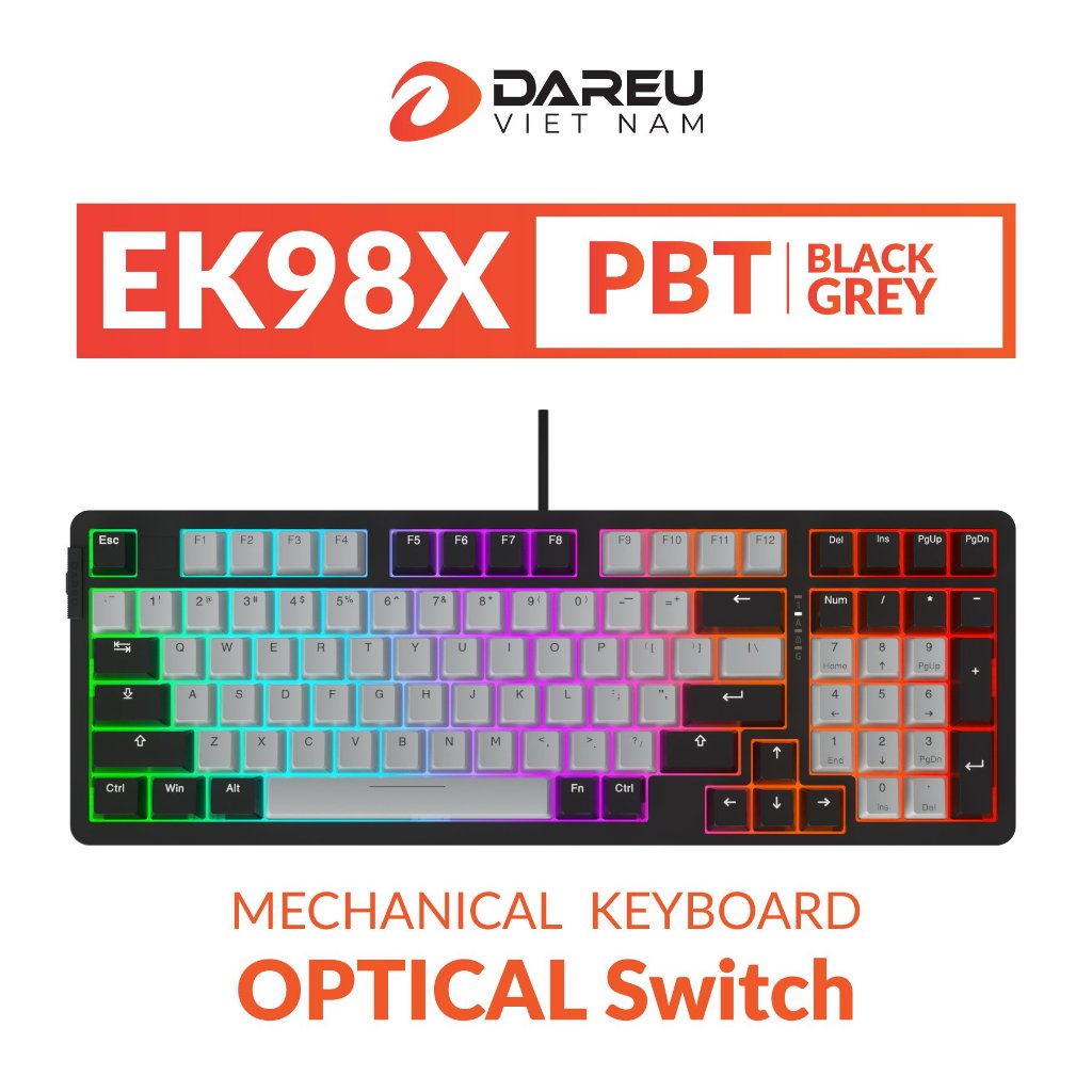Bàn phím quang cơ Gaming DAREU EK98X PBT BLACK-GREY (WATERPROOF, OPTICAL sw, MULTI LED) | BigBuy360 - bigbuy360.vn
