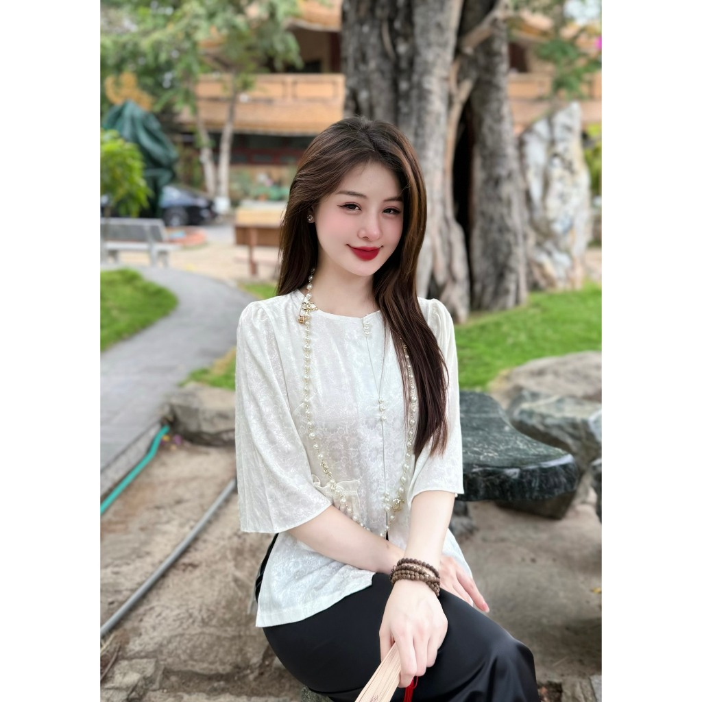 Bộ đồ đi chùa cổ tròn túi tiền lụa gấm vân hoa Đồ lam đi chùa nữ tay lỡ Pháp phục nữ cách tân khuy ngọc lụa mềm mịn