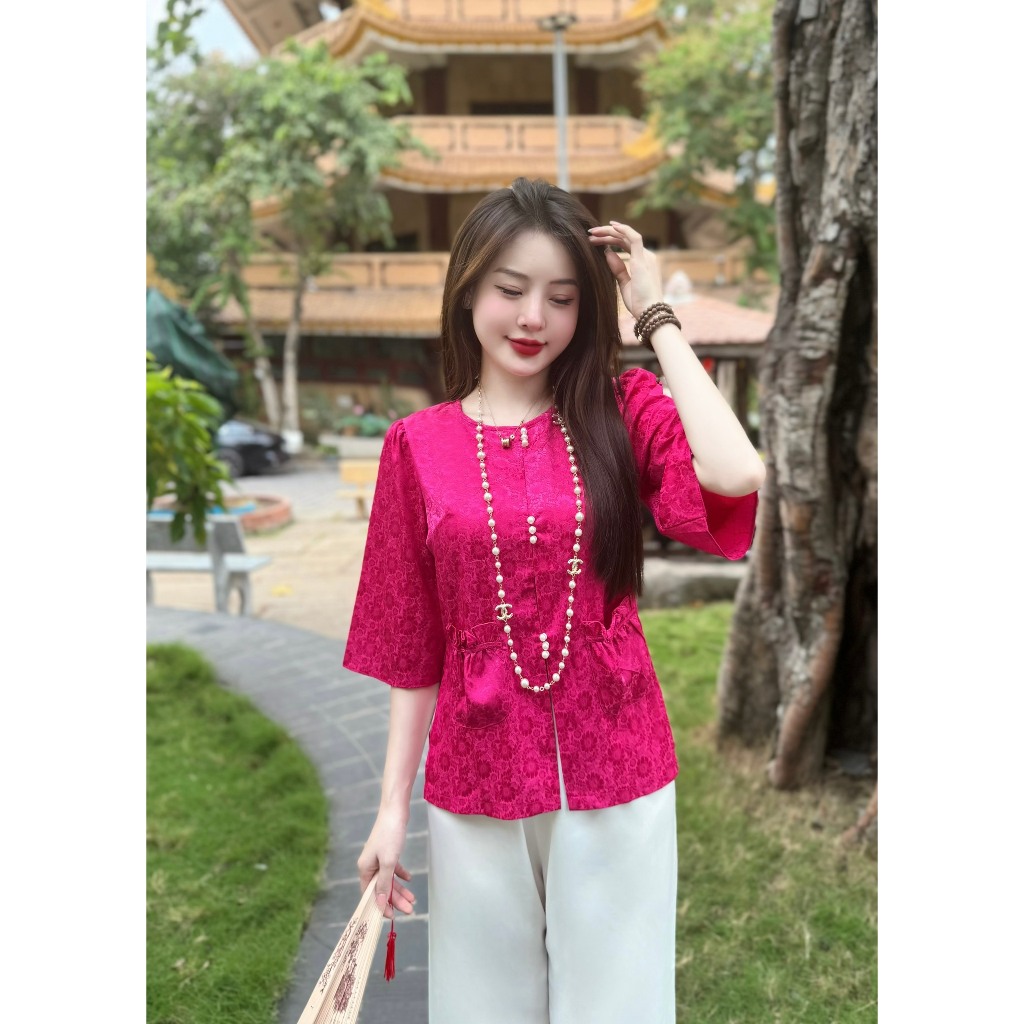 Bộ đồ đi chùa cổ tròn túi tiền lụa gấm vân hoa Đồ lam đi chùa nữ tay lỡ Pháp phục nữ cách tân khuy ngọc lụa mềm mịn