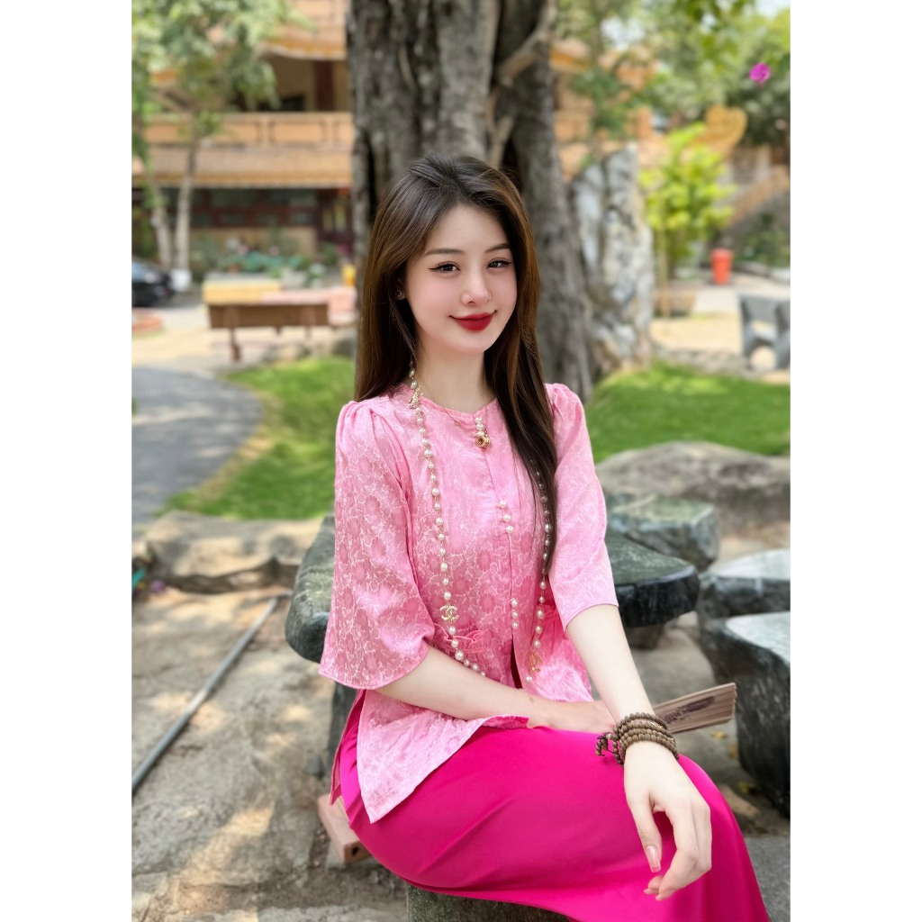 Bộ đồ đi chùa cổ tròn túi tiền lụa gấm vân hoa Đồ lam đi chùa nữ tay lỡ Pháp phục nữ cách tân khuy ngọc lụa mềm mịn