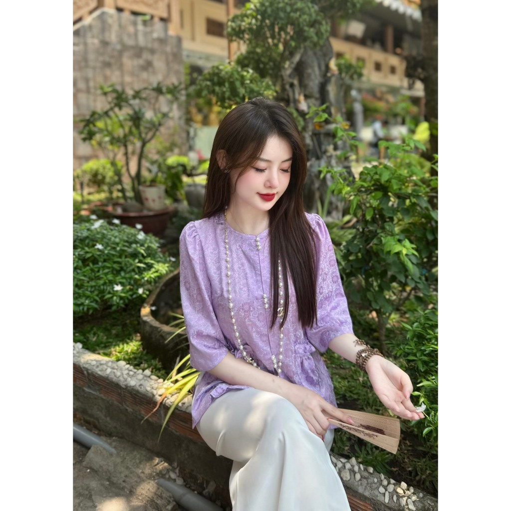 Bộ đồ đi chùa cổ tròn túi tiền lụa gấm vân hoa Đồ lam đi chùa nữ tay lỡ Pháp phục nữ cách tân khuy ngọc lụa mềm mịn