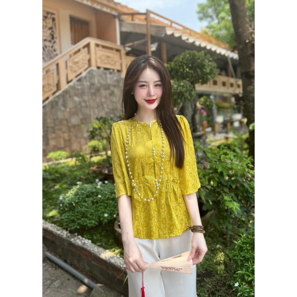 Bộ đồ đi chùa cổ tròn túi tiền lụa gấm vân hoa Đồ lam đi chùa nữ tay lỡ Pháp phục nữ cách tân khuy ngọc lụa mềm mịn