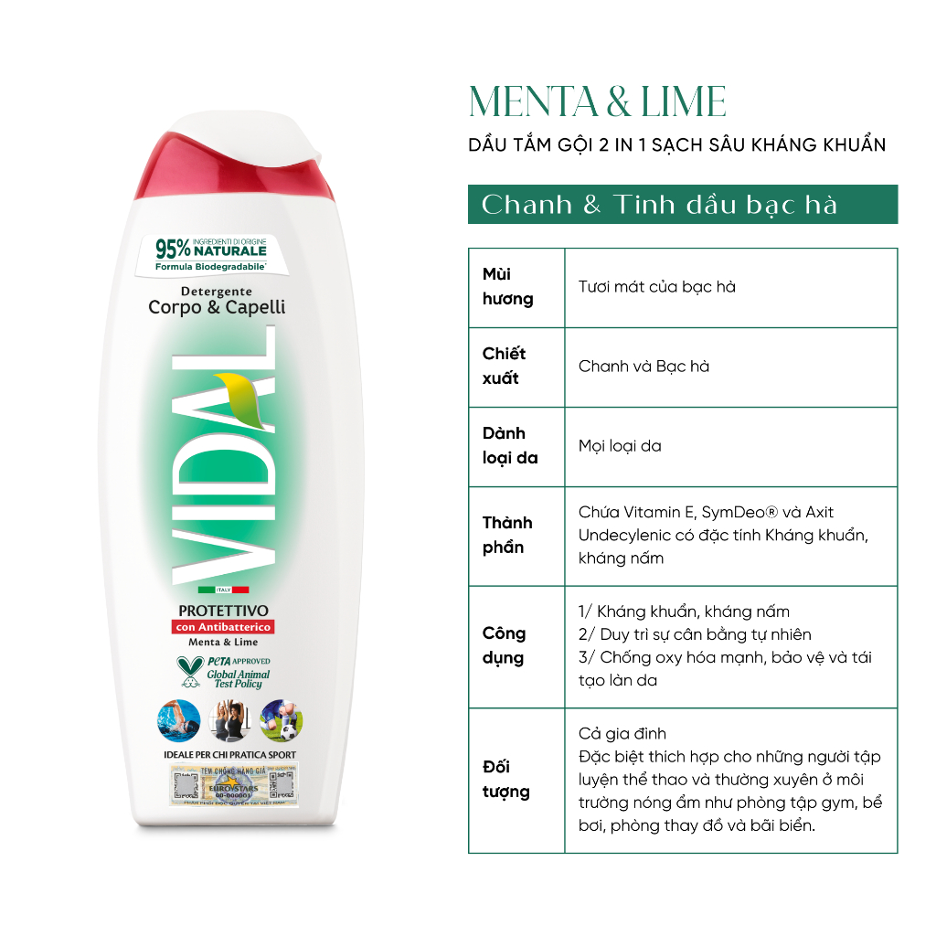 Sữa tắm gội 2 trong 1 Vidal 250ml thành phần tự nhiên dành cho cả gia đình