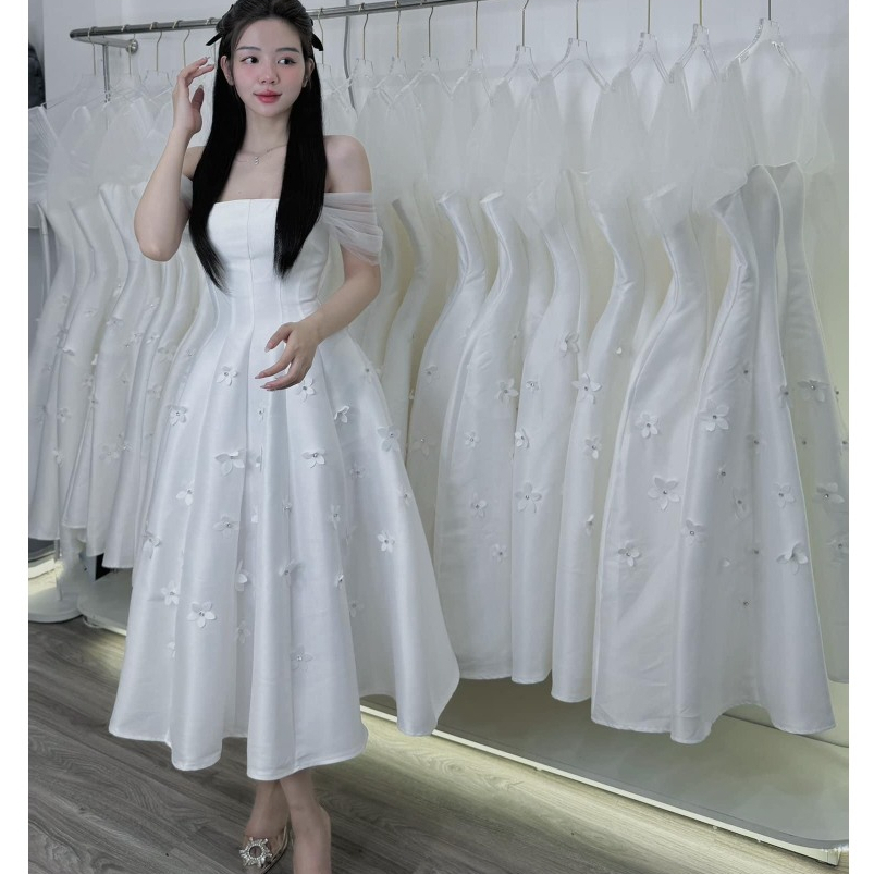 ĐẦM NỮ TRẮNG TAY LƯỚI GHÉP MẢNH ĐÍNH HOA AMITI DRESS