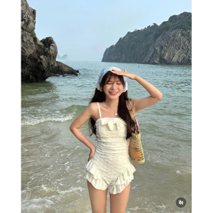 SET BIKINI REN GỢN SÓNG TUA BÈO NƠ NGỰC + KÈM KHĂN REN