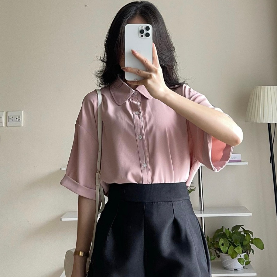 Áo Sơ Mi Lụa Cộc Tay, Áo Sơmi Nữ Kiểu Cổ Sen Điệu, Áo Somi Ngắn Tay Form Dáng Rộng Mùa Hè Thoáng Mát Miha Studio
