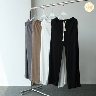 Quần Nữ Ống Rộng Cạp Cao Dáng Dài Lưng Thun Gân Tăm Phối Dây Trendy
