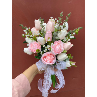 Hoa cầm tay cô dâu Tulip lụa cao cấp vải lụa cao cấp, hoa cưới cô dâu Tulip phụ kiện chụp hình cưới