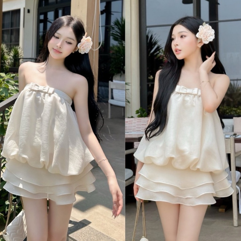 [CÓ MÚT] Set áo tơ dáng bí cúp ngực kèm chân váy xoè tầng có lót trong, set bộ đồ nữ mặc đi biển đi chơi mùa hè HB395