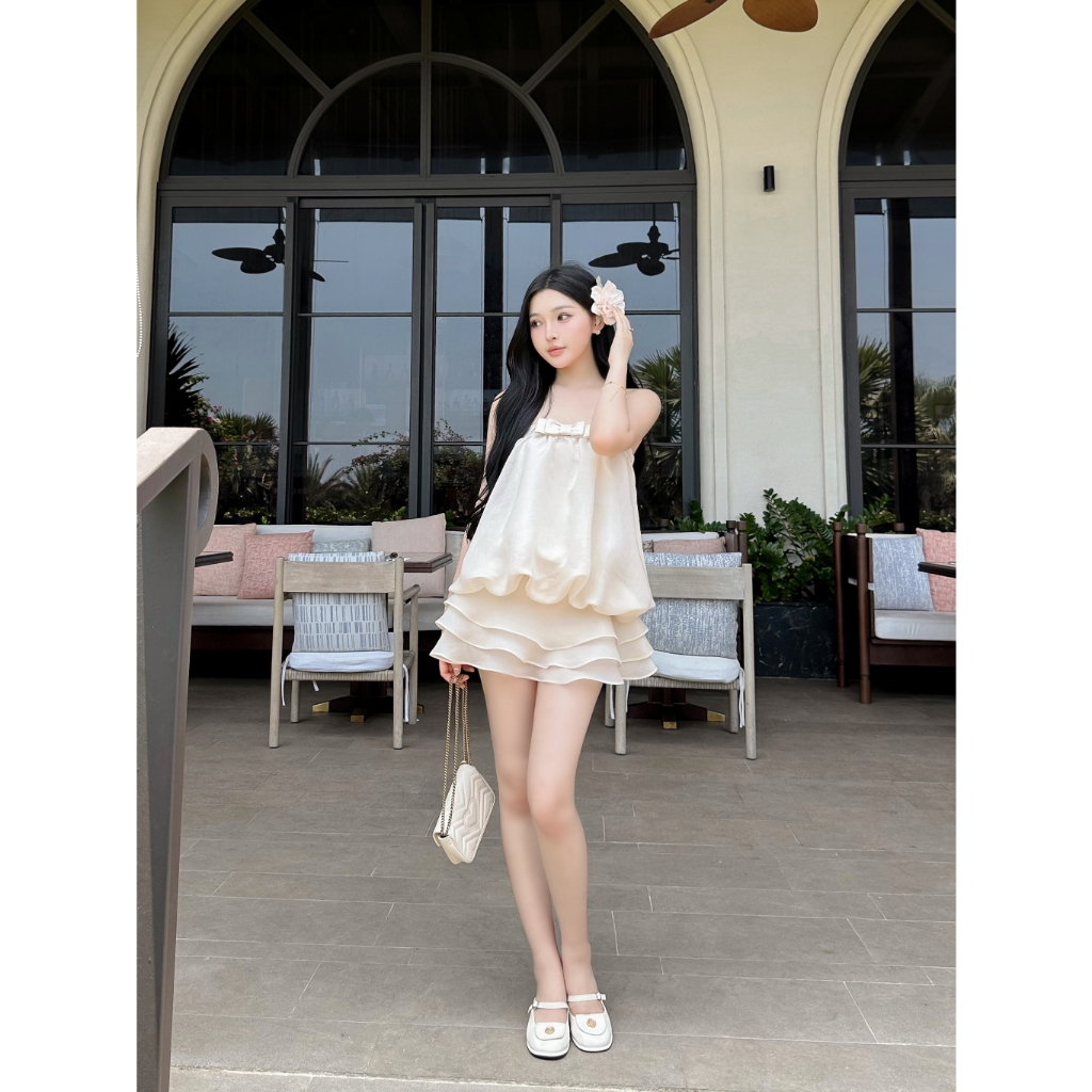 [CÓ MÚT] Set áo tơ dáng bí cúp ngực kèm chân váy xoè tầng có lót trong, set bộ đồ nữ mặc đi biển đi chơi mùa hè HB395