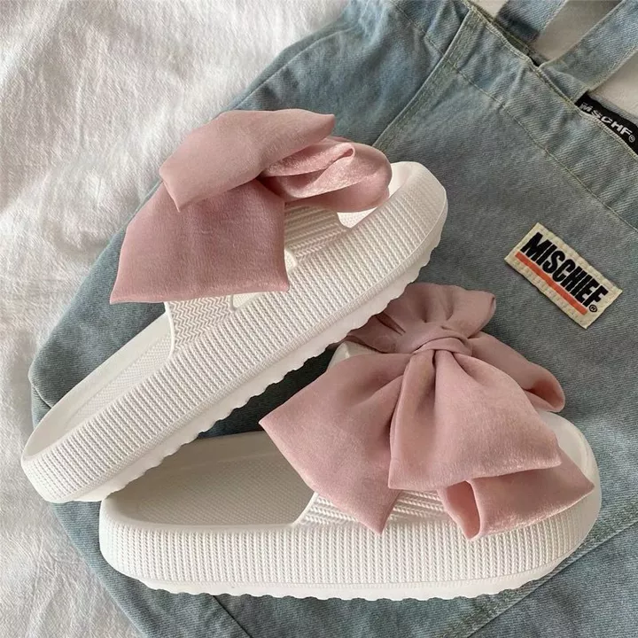Dép nữ bánh mì, dép bánh mì đế cao đính nơ xinh cute chất liệu EVA siêu êm cao 4cm hack chân