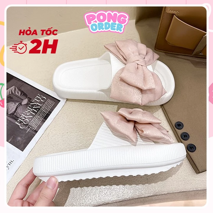Dép nữ bánh mì, dép bánh mì đế cao đính nơ xinh cute chất liệu EVA siêu êm cao 4cm hack chân